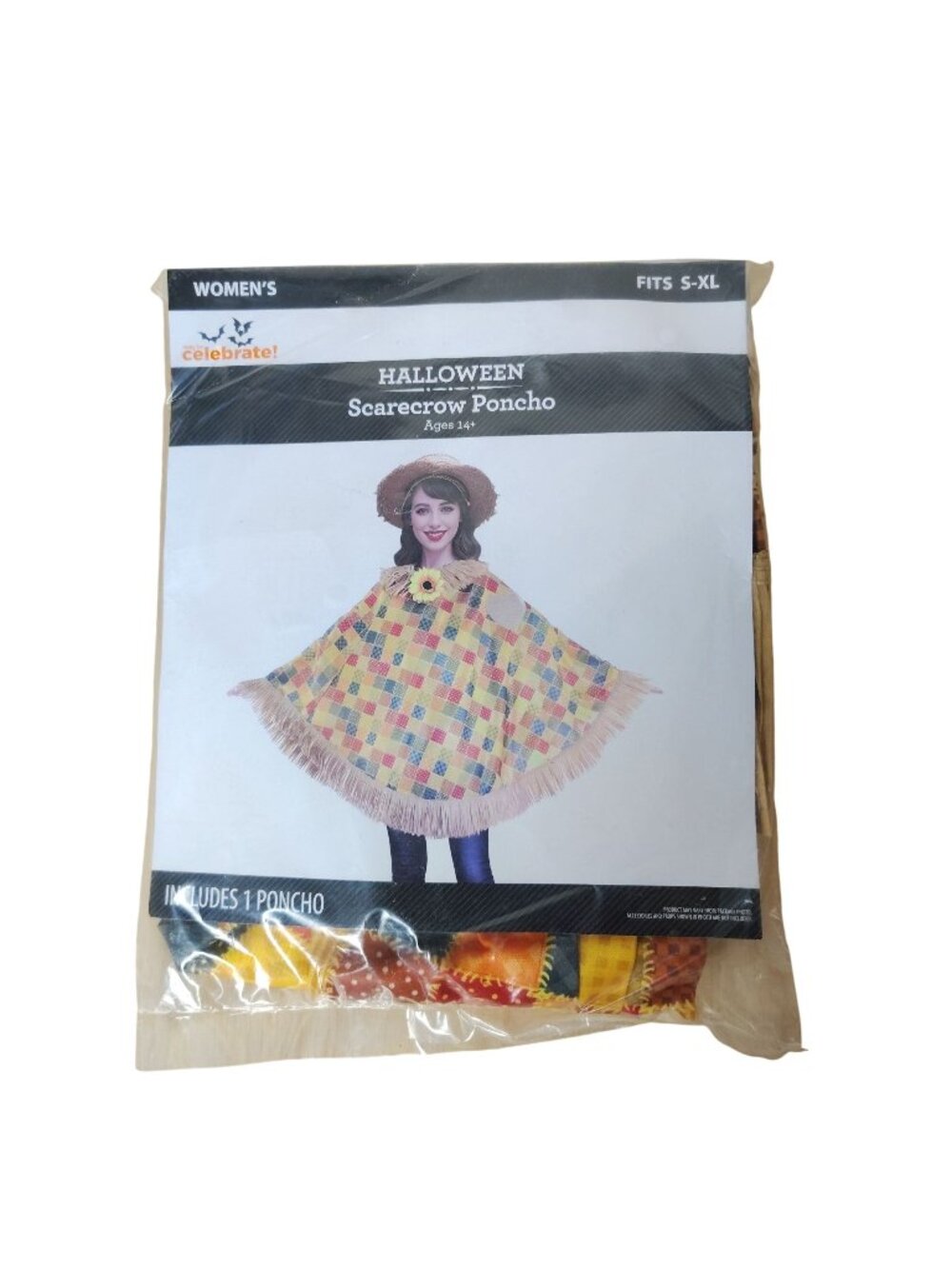 Celebrate Womens Halloween Scarecrow Poncho Costume Patchwork Fringe Trim Fits S